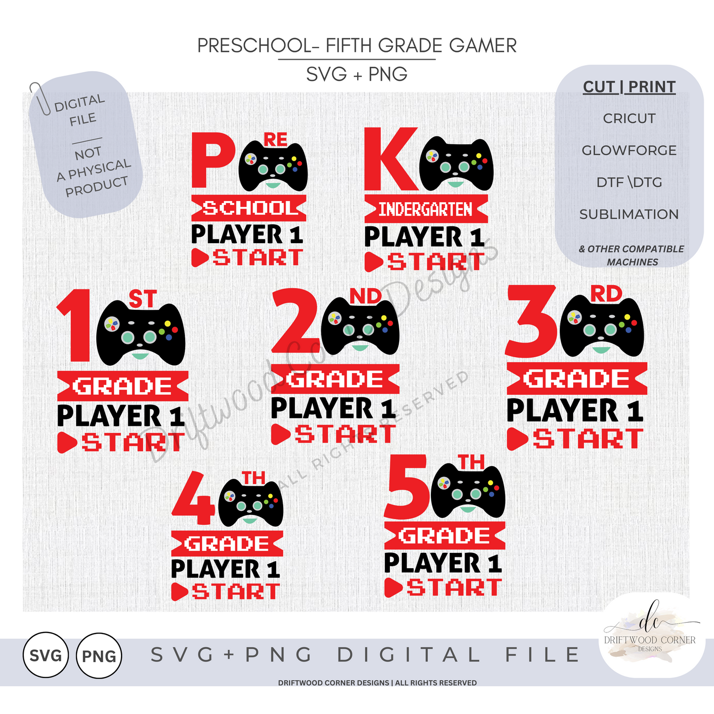 First Day School Gamer Preschool-5th SVG + PNG Graphic Bundle