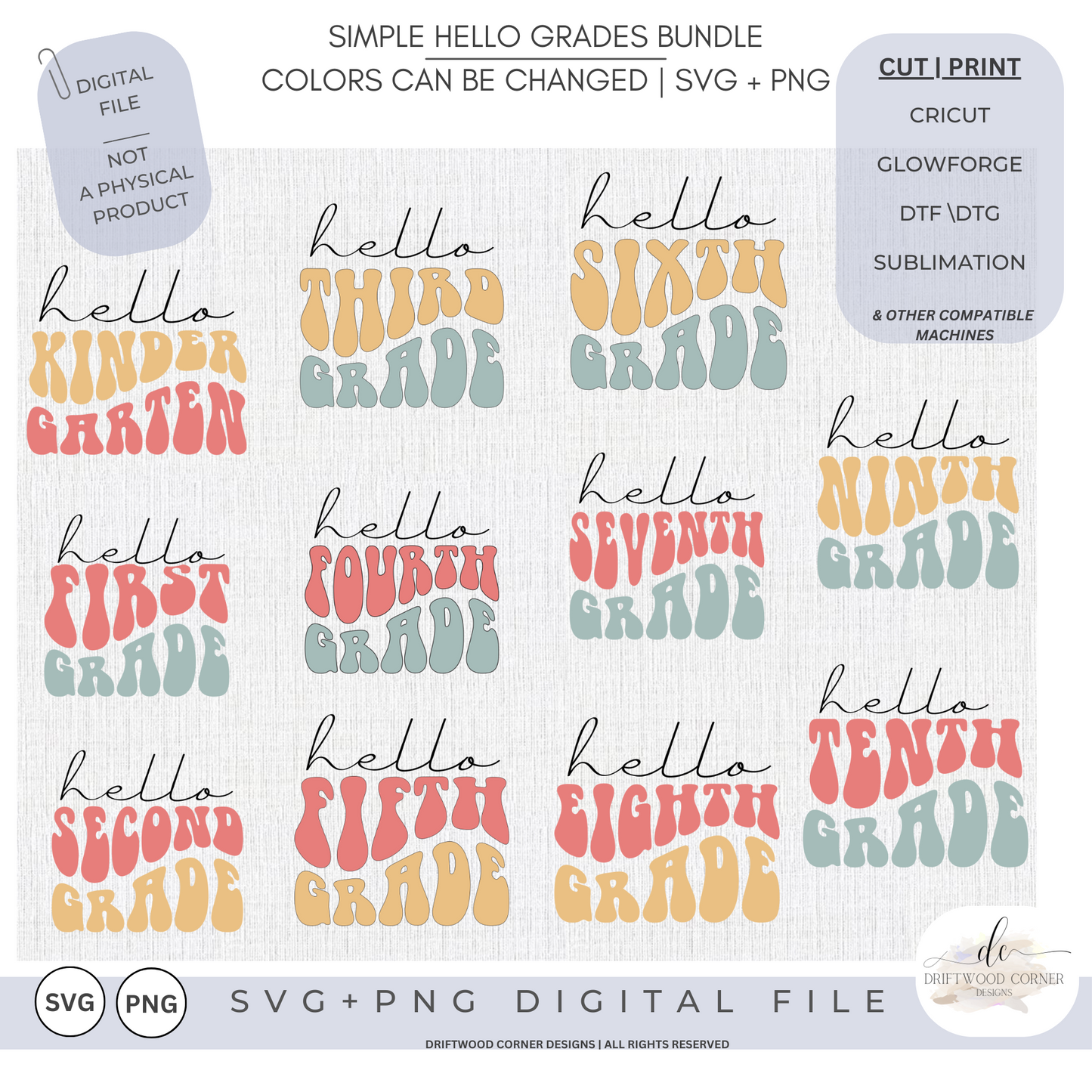 Simple, Classic Retro Grades K-10 SVG + PNG Graphic Bundle