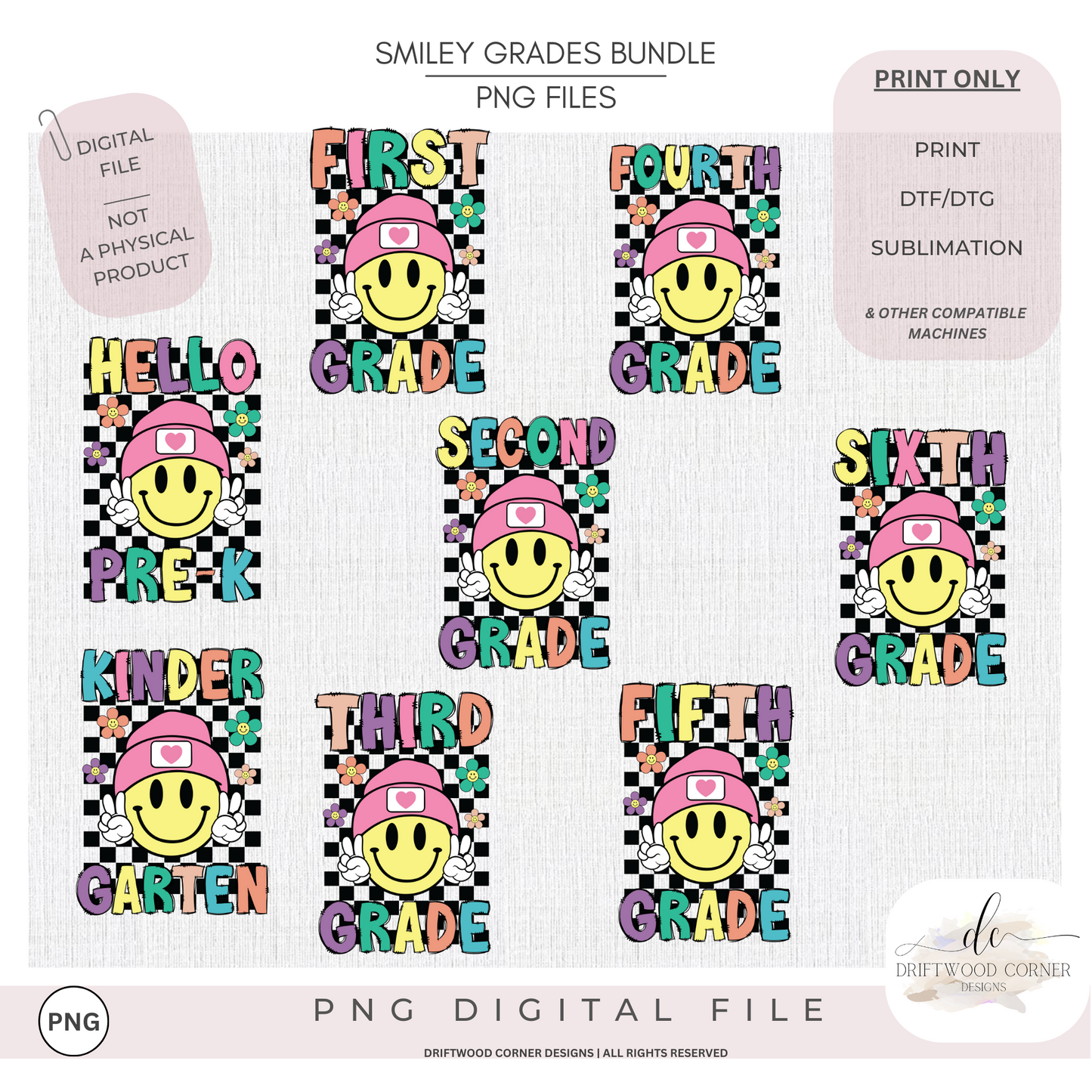 Smiley Grades Pre-K-6 checkered background PNG Graphic Bundle