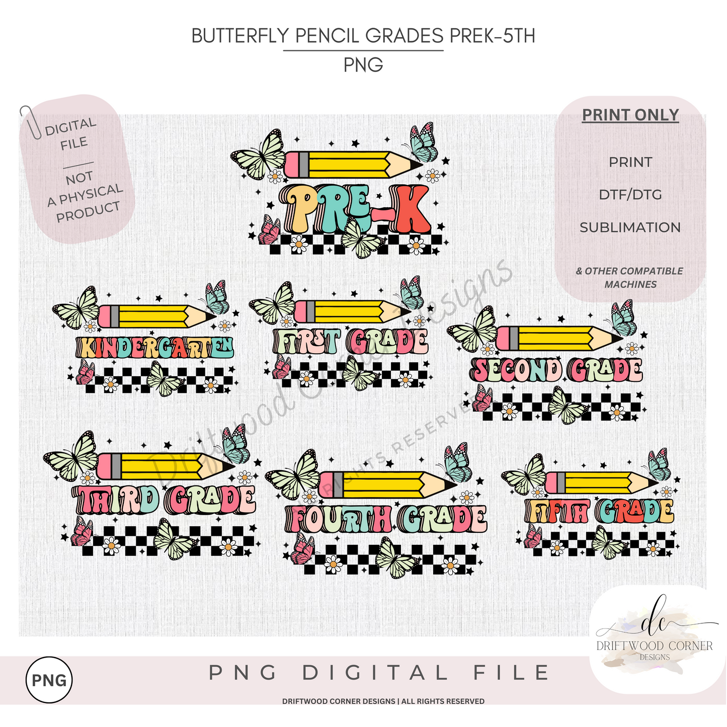 Grades Pre-K-5 Butterfly Pencil PNG Graphic Bundle