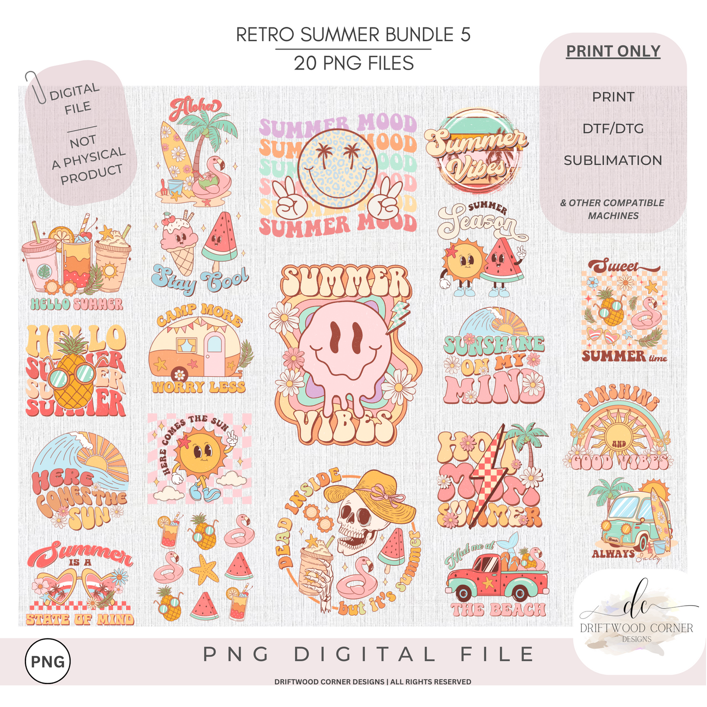 Retro Summer PNG Bundle, 20 Sublimation and Print Graphics