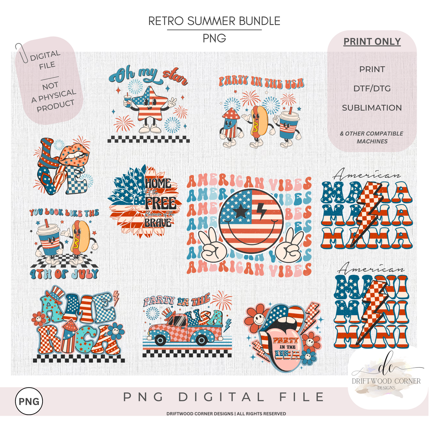 Retro Summer Patriotic Mini Bundle - PNG Graphic Bundle