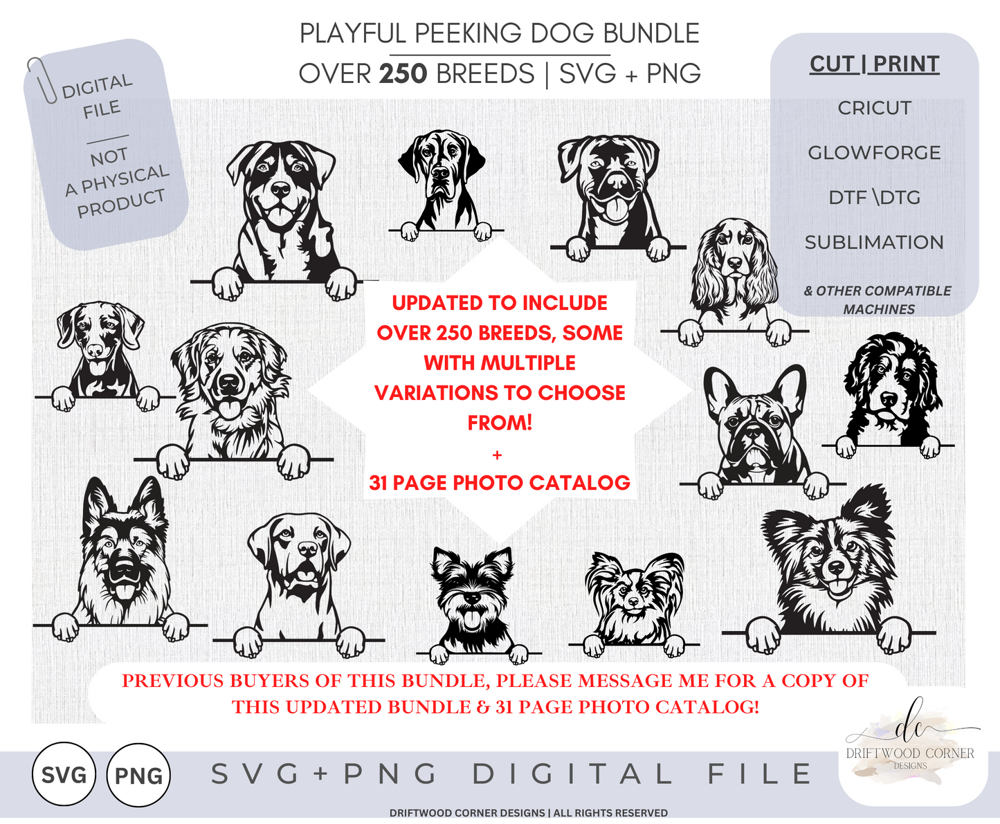 The Ultimate Playful Dog SVG & Png Bundle,Over 250 of Common Breeds,Dog SVG,Dog Glowforge Cricut laser, Playful Peeking Dog SVG,Dog Face svg
