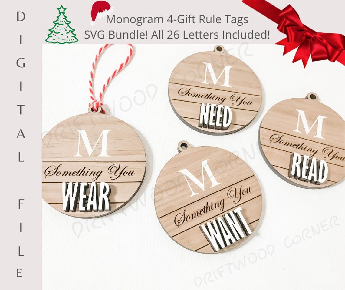 26 Monogrammed '4-Gift' Tags(104 vectorized files) SVG Bundle Digital Christmas Tags/Gift Tags/Kids Christmas/Gifts/read/need/want/wear