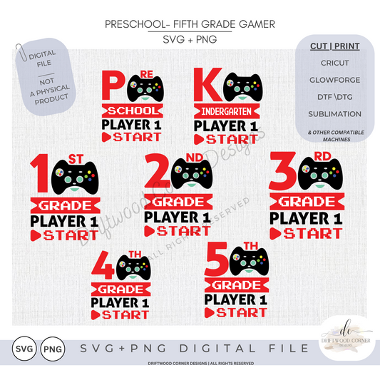 First Day School Gamer Preschool-5th SVG + PNG Graphic Bundle