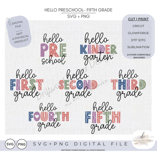 Hello Grades PreK-5 SVG + PNG Graphic Bundle