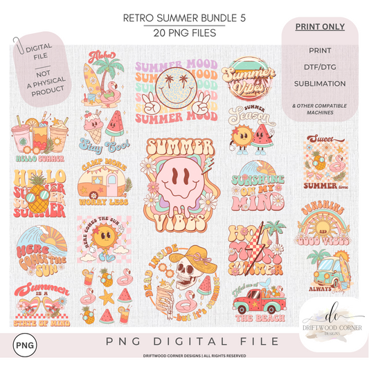 Retro Summer PNG Bundle, 20 Sublimation and Print Graphics