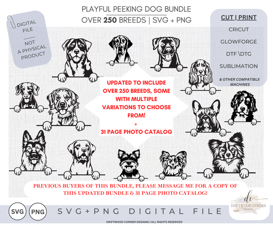 The Ultimate Playful Dog SVG & Png Bundle,Over 250 of Common Breeds,Dog SVG,Dog Glowforge Cricut laser, Playful Peeking Dog SVG,Dog Face svg