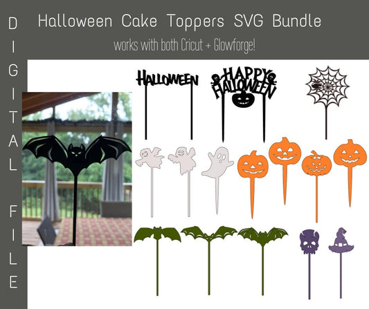 15 Halloween Cake Topper Digital Cut Files in svg, eps, dxf, pdf and png formats., Glowforge, laser cut, Cricut, cupcake, ghost svg, bat svg